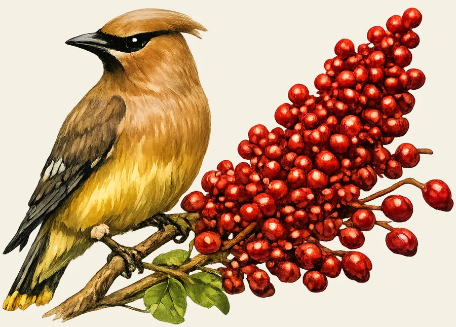 Cedar waxwing perched on a deep red winged sumac berry cluster