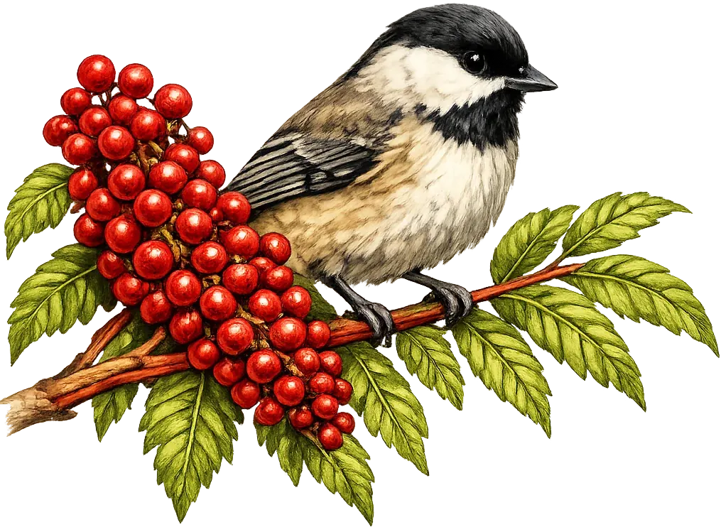 Black-capped chickadee perched on a winged sumac branch beside a red berry cluster