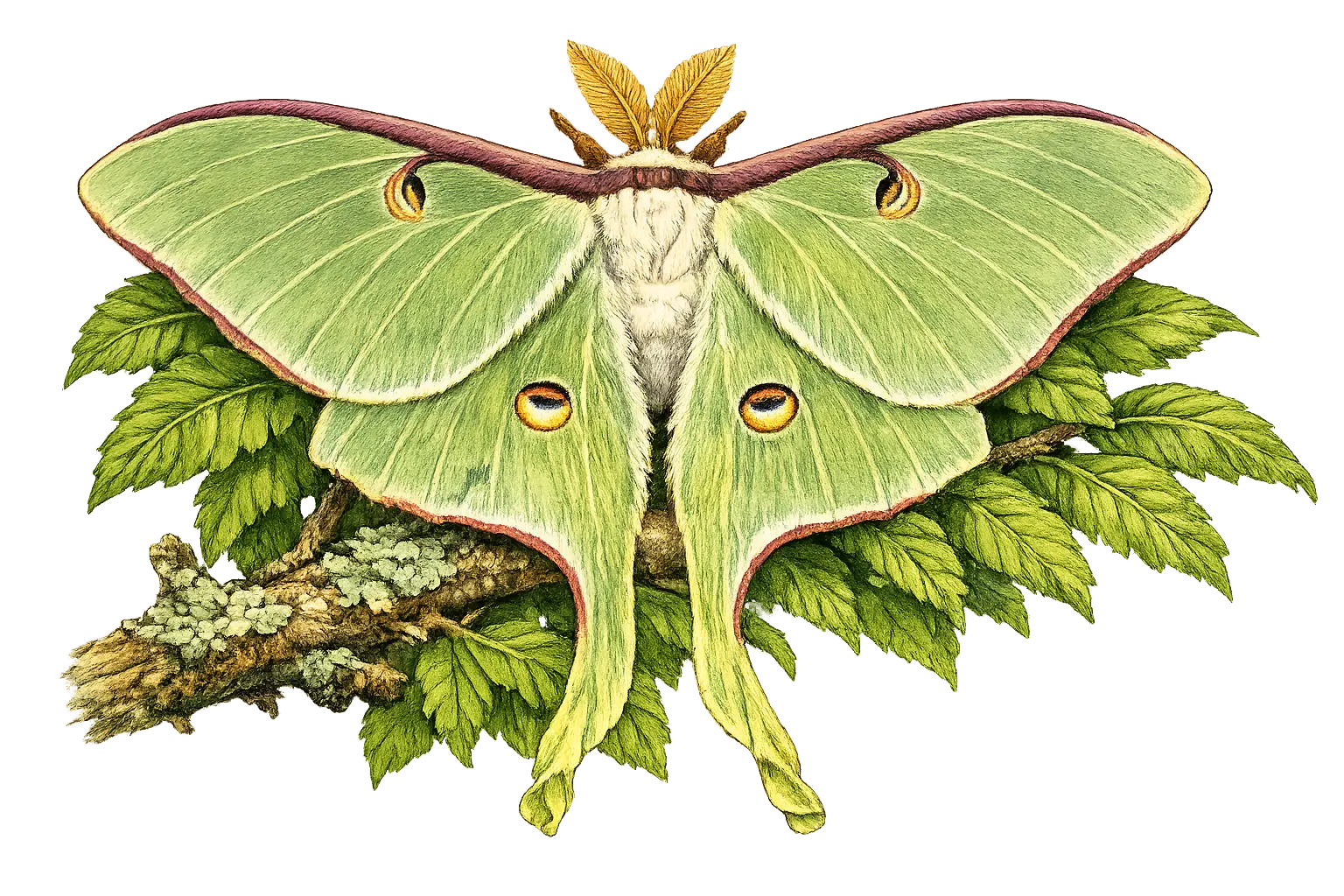 Luna moth (Actias luna), a native silk moth whose caterpillars feed on sumac foliage, at rest on a winged sumac branch