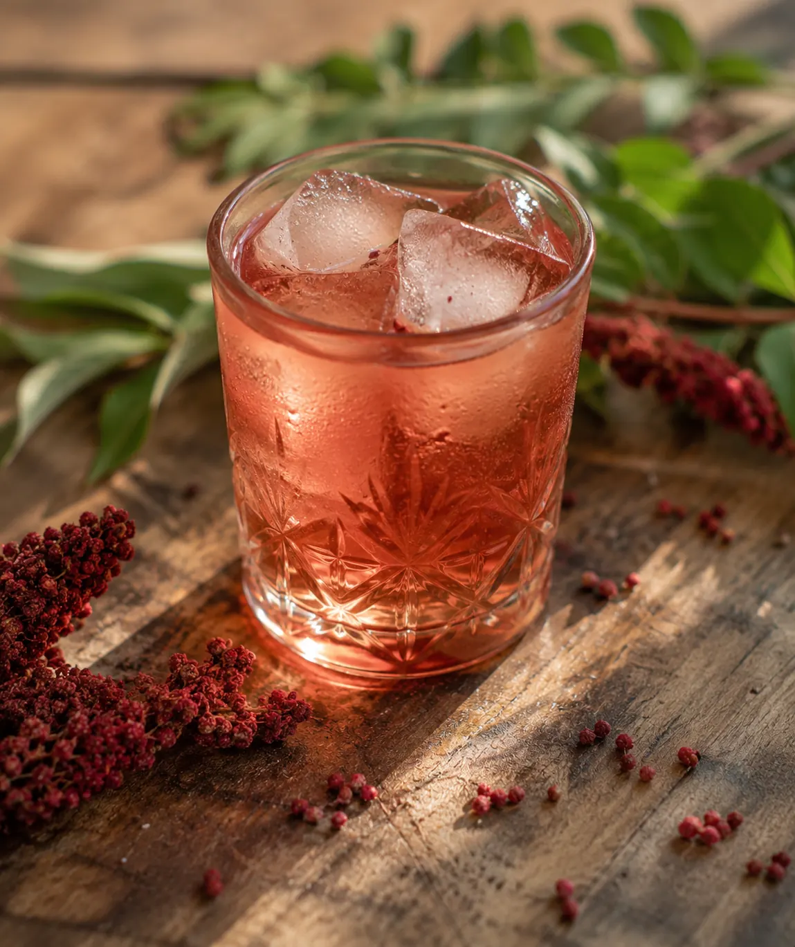 Glass of cold sumac-ade with ice, a traditional North American summer drink made from native winged sumac berries