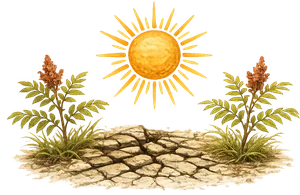 Winged sumac plants thriving in cracked dry earth with sun overhead