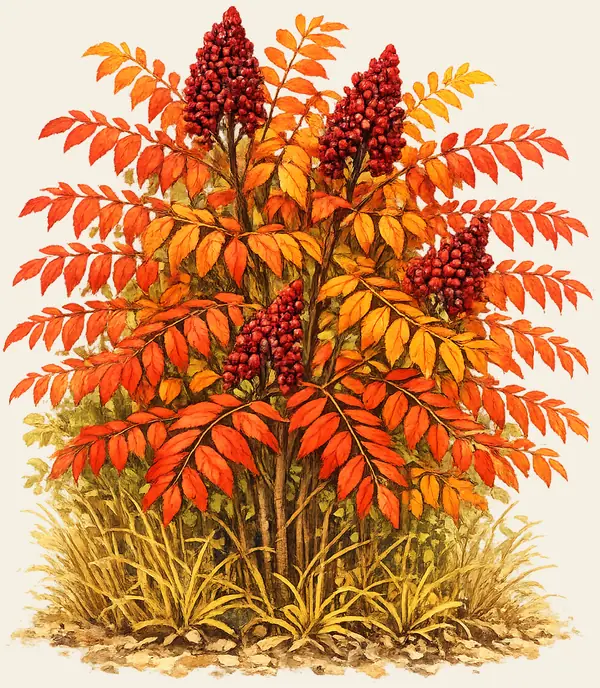 Mature winged sumac shrub showing the characteristic fall foliage and open thicket structure