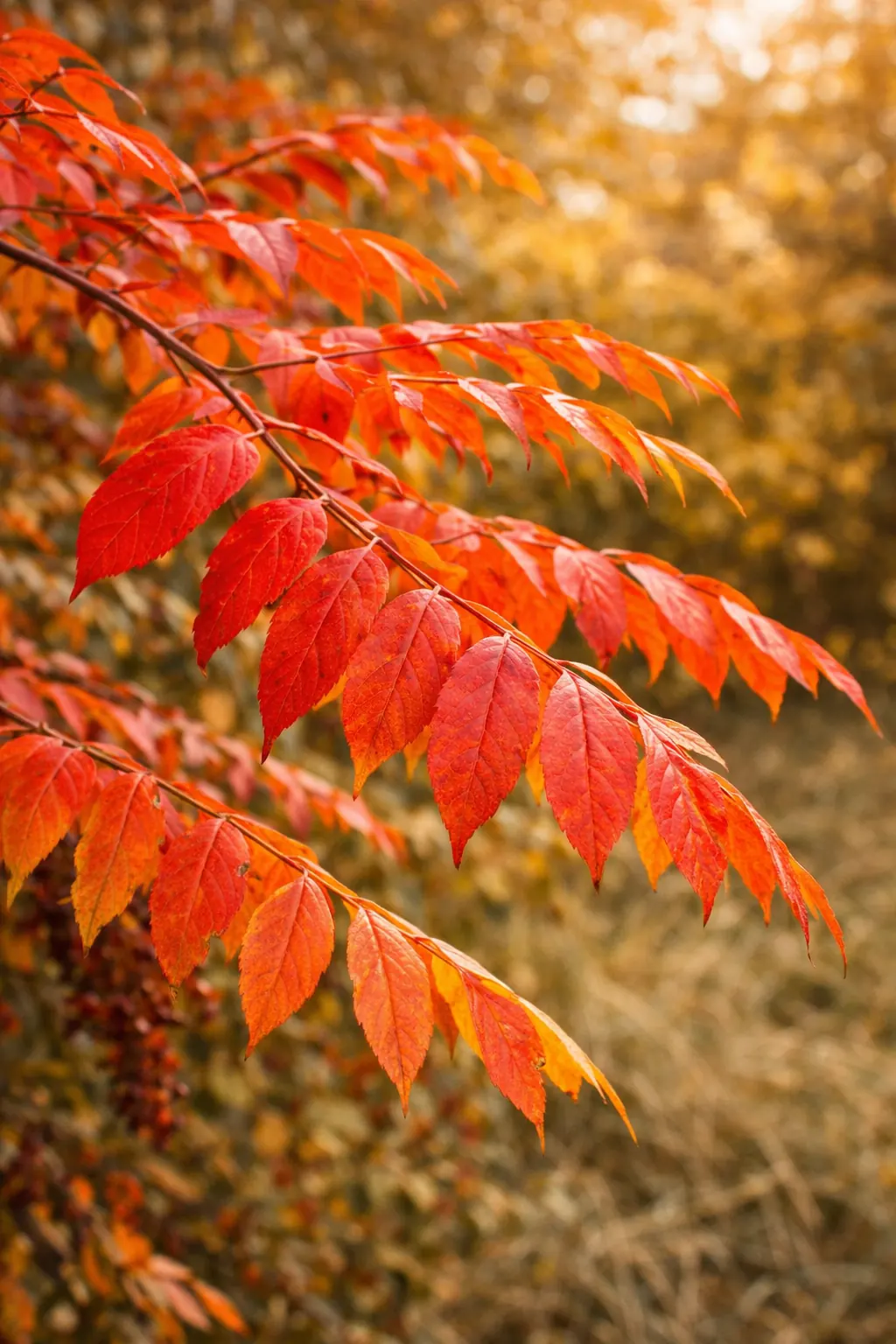 Closeup watercolor of winged sumac leaves in brilliant crimson autumn color