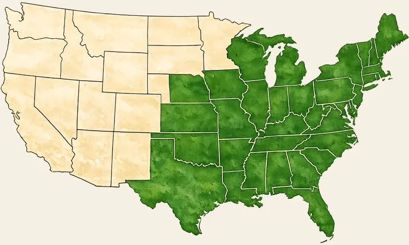 Native range map showing winged sumac distribution across central and eastern United States