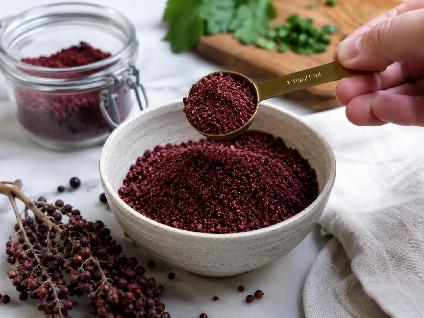 Brick-red ground sumac spice powder cradled in a gloved hand beneath a winged sumac shrub heavy with berry cones