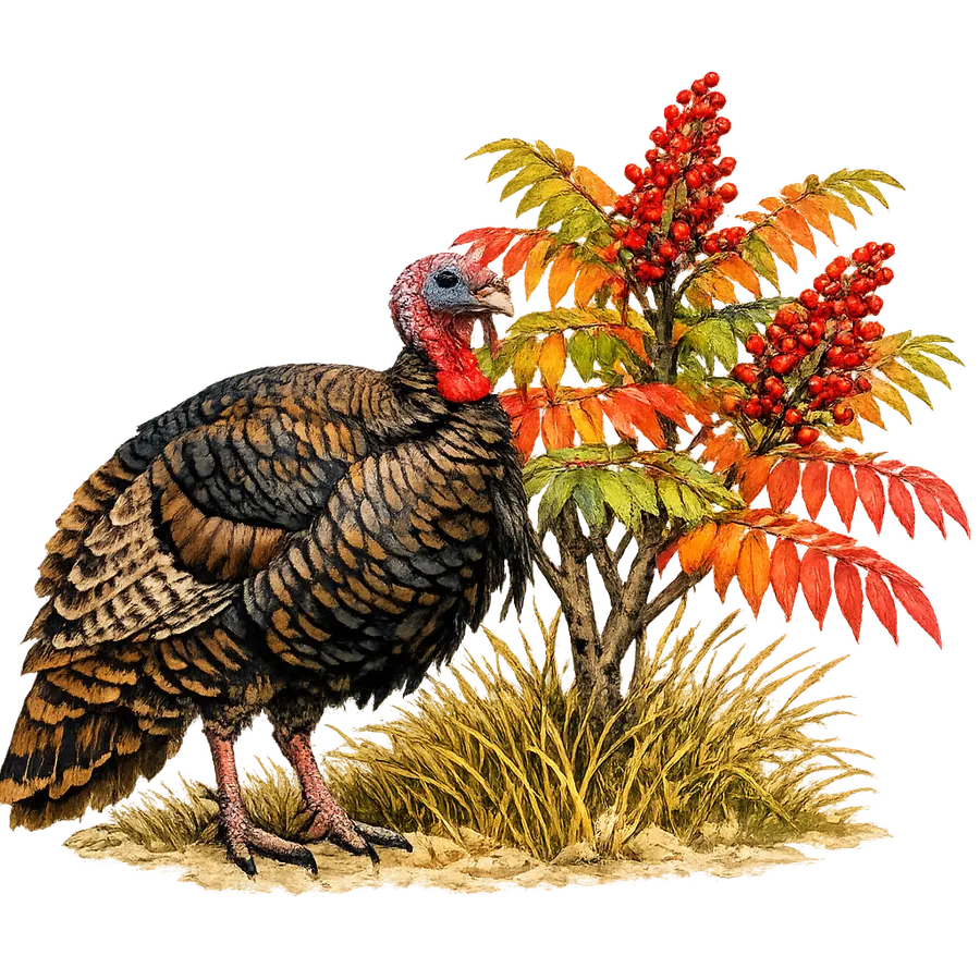 Watercolor of a wild turkey beside a winged sumac shrub with red berry clusters and fall foliage