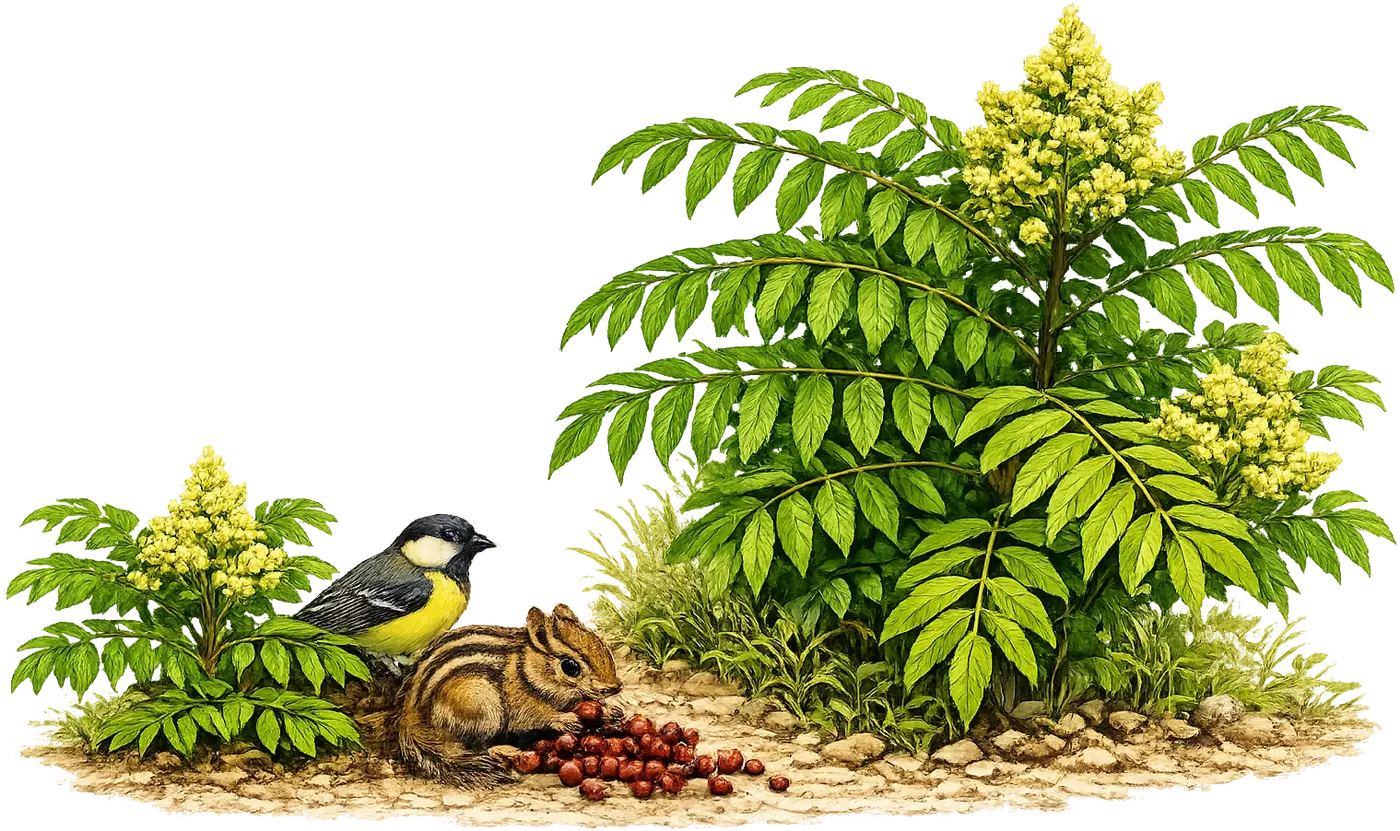 Black-capped chickadee perched above a chipmunk under a winged sumac shrub with red berry cones